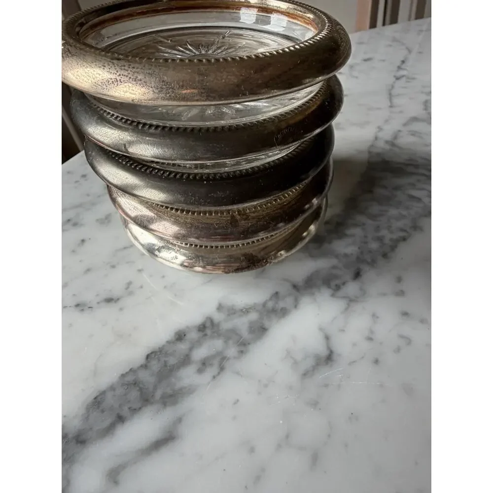 Set of 5 Leonard Silver Plated Glass Coaster Starburst Pattern Round Stackable